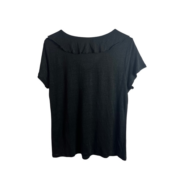Sundance Black V-Neck Ruffle Neck Top Size Medium 100% Linen Short Sleeve - Picture 4 of 6